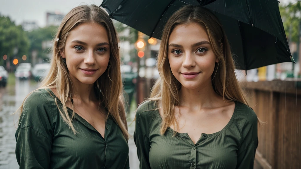 Lily Bowman), posing, modeling full body, with dark green casual outfit design, sexy smile, rainy, best quality, background with Green Eyes, , Ultra Realistic, Meticulously Detailed, Portrait, Blonde Hair and Big Eyes, Selfie of a Young Woman, Green Eyes, No Makeup, Natural Makeup, Looking Directly at the Camera, face artgram, subtle make-up, Impressive photo, stand, with sexy smile, Medium and large size chest, allowing the face to be seen clearly, rainy night
