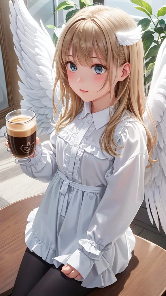 painting of a with a cup of coffee and angel wings, of an beautiful angel girl, beautiful angel, angel girl, of beautiful angel, portrait of a beautiful angel, beautiful angel girl portrait, angelic, angelical, dark angel of coffee, winged girl angel, adorable digital painting, angel-themed, angel, beautiful female angel, young wan angel