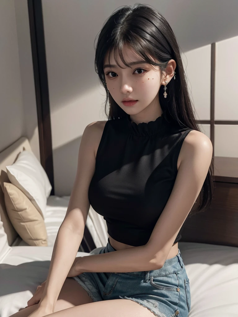absurdres, RAW photo, extremely delicate and beautiful, masterpiece, Best Quality, ultra high resolution, 32k, hyperrealistic, ultra-detailed, perfect figure, in her 20s, very small head, very small face, delicate facial features, tearful mole, earring, big breasts, full body shot, medium hair, black hair, sleeveless collared shirt, shorts, bare legs,