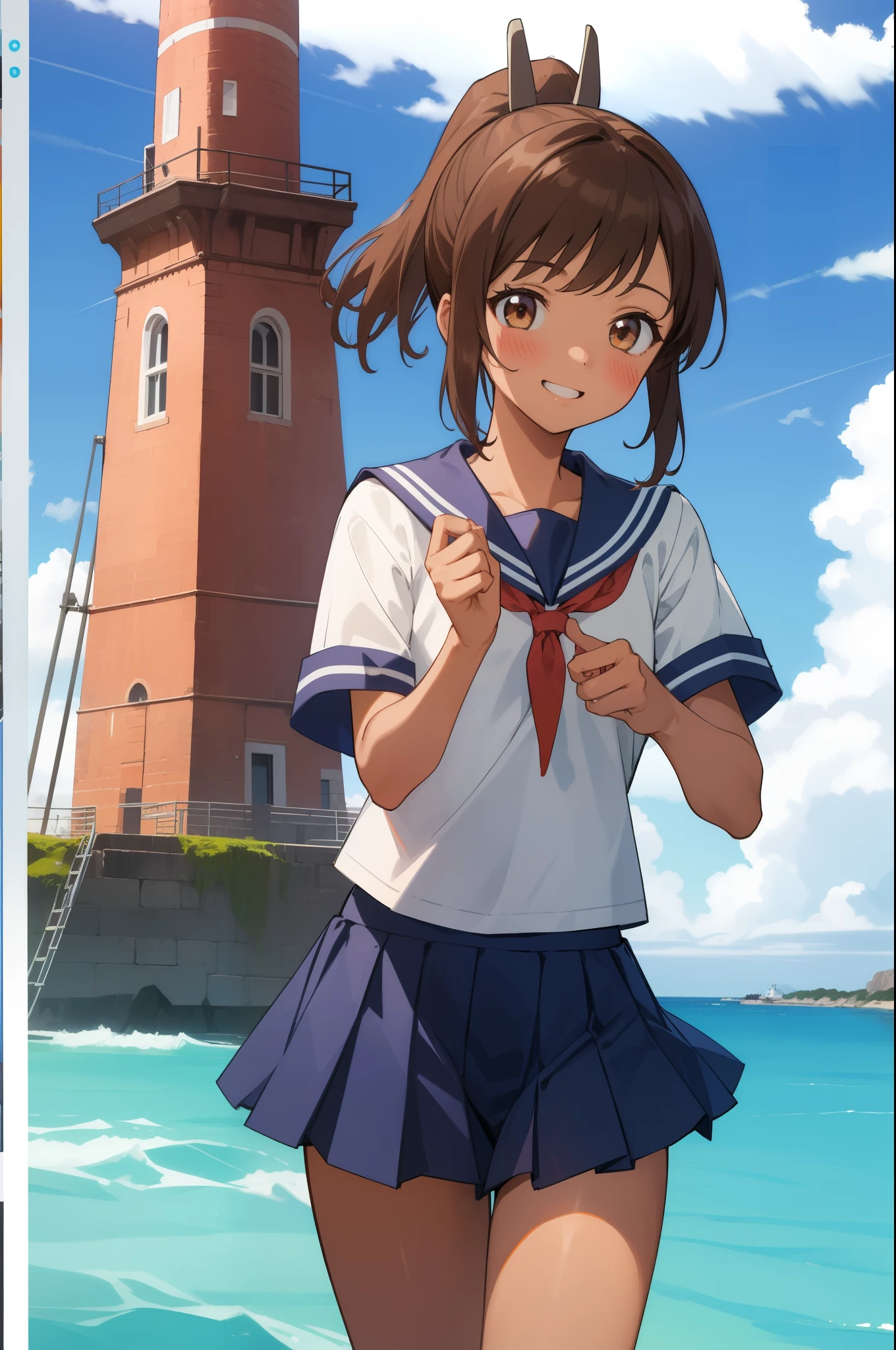 ((masterpiece)),(Highest quality),Official Art,Highly detailed CG,unity 8k wallpaper,Super detailed,Lighthouse on top of a cliff by the sea,One girl,一人in,Cowboy Shot,brown_hair,Dark Skin,Sunburn,School_Swimwear,brown_eye,smile,one piece_Swimwear,Swimwear_Down_Clothes,Sailor_collar,short_hair,Looking_in_Audience,blush,School_uniform,short_ponytail,