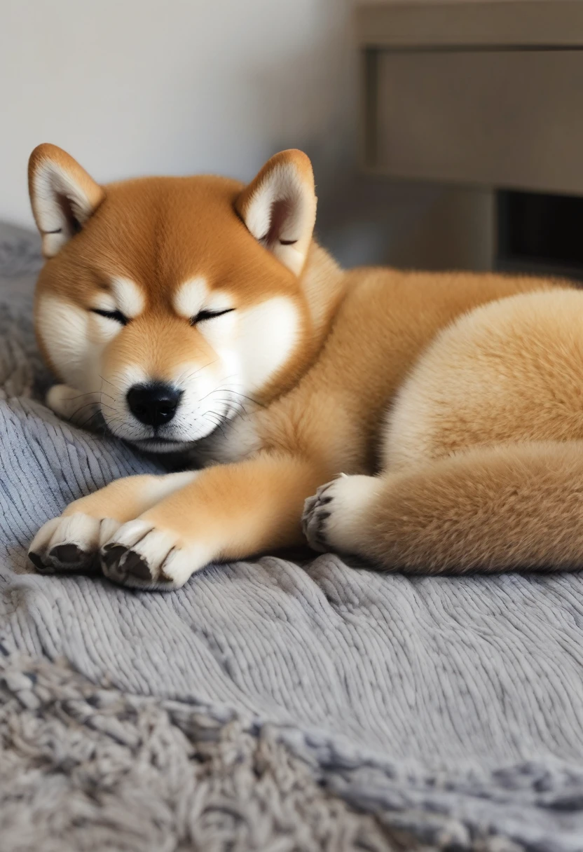 "Full body illustration of a sleeping Shiba Inu puppy with very realistic fur.
The Shiba dog should have distinctive, true-to-life whiskers, blue eyes, and whiskers on its cheeks.
It should be depicted as a traditional Japanese dog with a Japanese-style design."