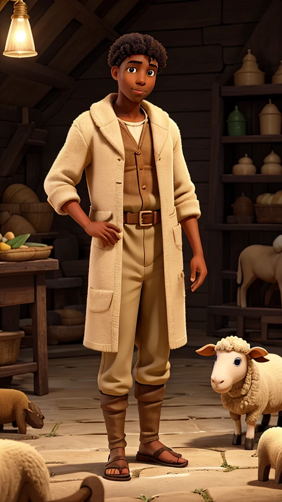 Create images of Joseph from the bible with his father Jacob in the plantation with the sheep Light skin color