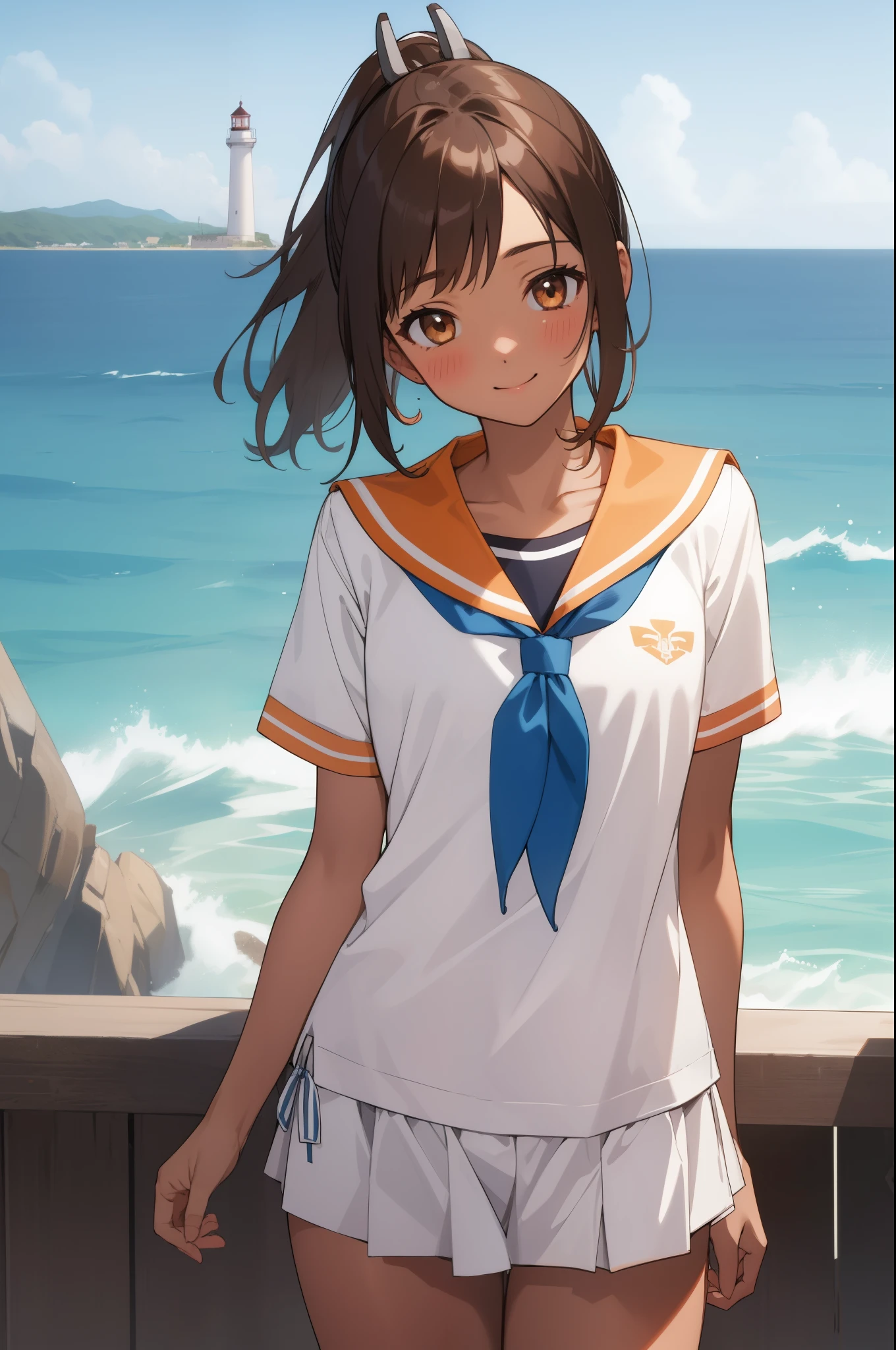 ((masterpiece)),(Highest quality),Official Art,Highly detailed CG,unity 8k wallpaper,Super detailed,Lighthouse on top of a cliff by the sea,One girl,一人in,Cowboy Shot,brown_hair,Dark Skin,Sunburn,School_Swimwear,brown_eye,smile,one piece_Swimwear,Swimwear_Down_Clothes,Sailor_collar,short_hair,Looking_in_Audience,blush,School_uniform,short_ponytail,