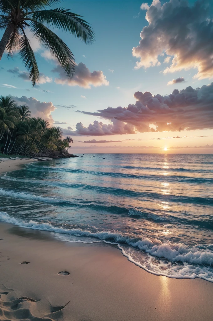 "Create an ultra-realistic 4K photo of a serene beach at sunset. The scene features golden sands with gently crashing waves. The sky is filled with vibrant hues of orange, pink, and purple as the sun sets on the horizon, casting a warm glow over the landscape. On the left side, a dense forest with lush green trees adds depth and contrast to the scene. Tall palm trees line the shore, their dark silhouettes contrasting beautifully against the colorful sky. The reflection of the sunset on the water creates a shimmering effect. Scattered across the beach are a few seashells and small rocks, adding to the natural beauty of the scene. The overall atmosphere is tranquil and peaceful.",
"size": "1024x1024"
