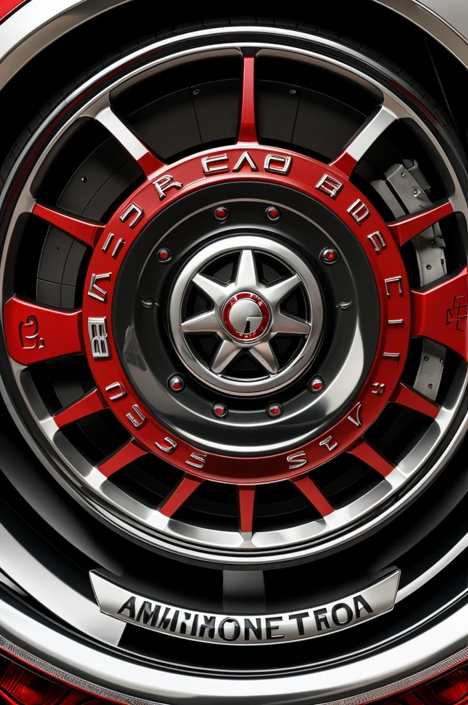 A circular emblem or badge, predominantly in white and red colors. The emblem features a stylized representation of a car's steering wheel in the center. Above the wheel, the words 'INGENIERO AUTOMOTRIZ' are inscribed in bold, white letters. Below the wheel, the name 'RENE VEGAS' is prominently displayed, accompanied by a phone number '04122444124'. The emblem also has a series of smaller textual elements 'Ingeniero Automotriz'. The background of the image is a deep, textured black, which contrasts with the vibrant colors of the emblem.
