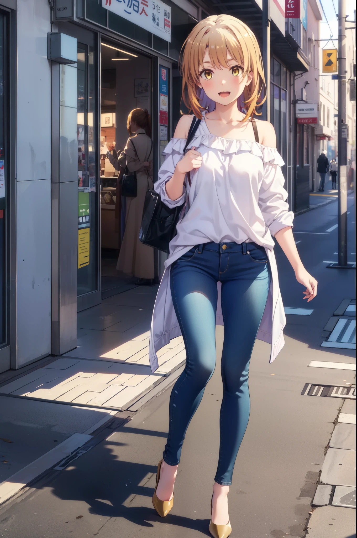 Irohaisshiki, isshiki iroha, Long Hair, Brown Hair, (Brown eyes:1.5), blush,Shoulder length and short braids,ponytail,
happy smile, smile, Open your mouth,Cold Shoulder Shirt,Skinny jeans,Stiletto heels,Daytime,Clear skies,Walking,So that the whole body goes into the illustration,
break outdoors, Building district,
break looking at viewer,
break (masterpiece:1.2), Highest quality, High resolution, unity 8k wallpaper, (figure:0.8), (Beautiful attention to detail:1.6), Highly detailed face, Perfect lighting, Highly detailed CG, (Perfect hands, Perfect Anatomy),