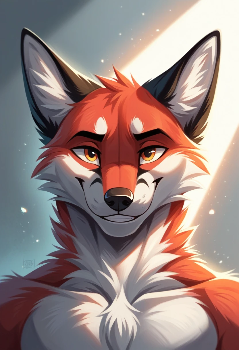 solo male, white fox, furry, smiling, red fur, Black fur stripe, netral, Traumatized face, dynamic lighting, illustration, beautiful, particles (high quality,4k,8k,highres,masterpiece:1.2), ultra-detailed, impressionistic:colorful,