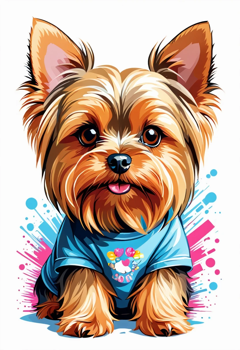 A t-shirt with graphic design art, flat illustration of a Yorkshire Terriers dog, cuddly, colorful tones, highly detailed cleanliness, imagem vectorial, photorealistic masterpiece, professional photograpy, plain white background, isometric, Vibrant, vector