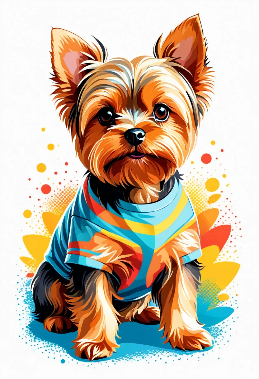 A t-shirt with graphic design art, flat illustration of a Yorkshire Terriers dog,  cuddly, colorful tones, highly detailed cleanliness, imagem vectorial, photorealistic masterpiece, professional photograpy, plain white background, isometric, Vibrant, vector