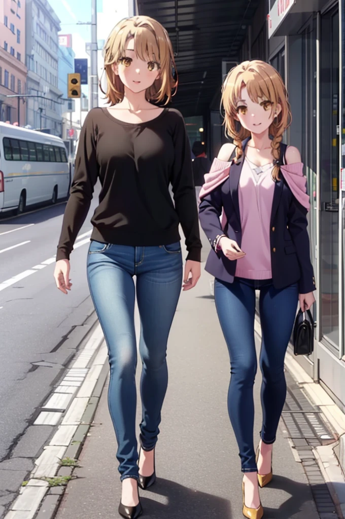 Irohaisshiki, isshiki iroha, Long Hair, Brown Hair, (Brown eyes:1.5), blush,Shoulder length and short braids,ponytail,
happy smile, smile, Open your mouth,Cold Shoulder Shirt,Skinny jeans,Stiletto heels,Daytime,Clear skies,Walking,So that the whole body goes into the illustration,
break outdoors, Building district,
break looking at viewer,
break (masterpiece:1.2), Highest quality, High resolution, unity 8k wallpaper, (figure:0.8), (Beautiful attention to detail:1.6), Highly detailed face, Perfect lighting, Highly detailed CG, (Perfect hands, Perfect Anatomy),