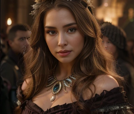 a woman with long hair wearing a dress, cinematic goddess close shot, olivia culpo as milady de winter, cinematic goddess shot, gorgeous woman, karol bak uhd, 4 k detail fantasy, by Roman Bezpalkiv, superb detail 8 k masterpiece, as a medieval fantasy character, superb detail 8 k, portrait shot 8 k, natalie portman as a goddess