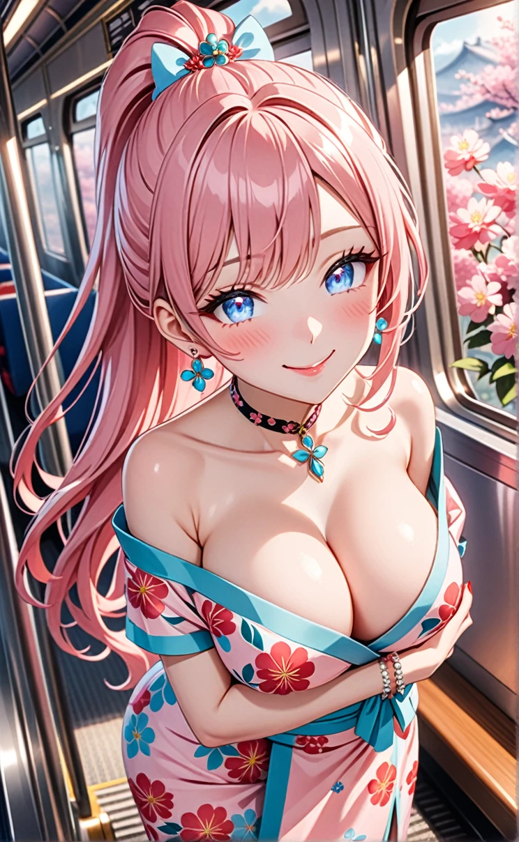 ultra-detailed, ((one girl)), (pale skin:1.3), in pastel colors gyaru, (heavy makeup), hyper detailed, absurdres, 8K, Beautiful Face, (Laugh shyly), ((teasing smile:1.8)), ((Wink:1.7)), (Laugh with your mouth wide open),((Tilt your head:1.6)), View your viewers, ((Bright red cheeks:1.6)),Glossy Red Lips, ((Big Breasts:1.5)), (show off breast), ((undressing)), noon, on the train, (Brighten your face), ((Anime style background)),masterpiece, Highest quality, so beautiful,Latest, Complex details, (Pink long nails), (nail art), (ring),(bracelet), (Floral Choker),AI-generated, Complex,High resolution, Highest quality, super high quality,3D Images、3D Images,One person,Pastel pink long hair,(High Ponytail), (wavy hair:1.3), Pastel anime woman posing for a photo, ((Fine grain、blue eyes、glowing eyes:1.4)), (Squint your eyes:1.1),a hyperRealistic , hyperRealistic , Realistic,Anime woman with long pastel pink hair, Smooth anime CG art, A girl in a gorgeous pastel-colored kimono, ((Pastel-colored furisode)),(Pink large floral pattern), Long flower hair ornament,Floral Earrings,Mature Body, tall,Narrow waist, ((leaning forward :1.5)), ((hugging just under her chest with both arms:1.5)),(from above),