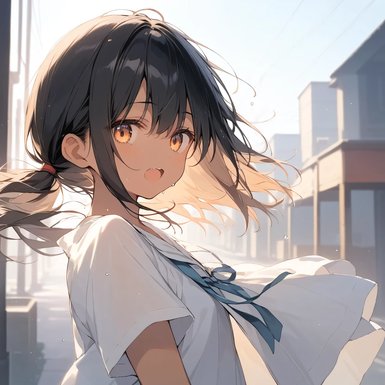 score_9, score_8_up, score_7_up, source_anime, best quality, masterpiece, official art, absurdres, highres, ultra-detailed,waifu2x,Collection: Slice of Life,break,1girl, tomboy, dark-skinned female, short hair, low ponytail, flat chest, beautiful detailed eyes, short shorts, sweat, open mouth, (yawn:0.3), sleepily, outdoors, wind,break,(clear line illustration:1.2), super detailed skin,very high resolution, very aesthetic, Best sexual lighting powered by famous artist, 8k,cute picture,beauty illustration,photoshop_(medium),,(Detailed Lighting),best anime 8k konachan wallpaper, pixiv contest winner,