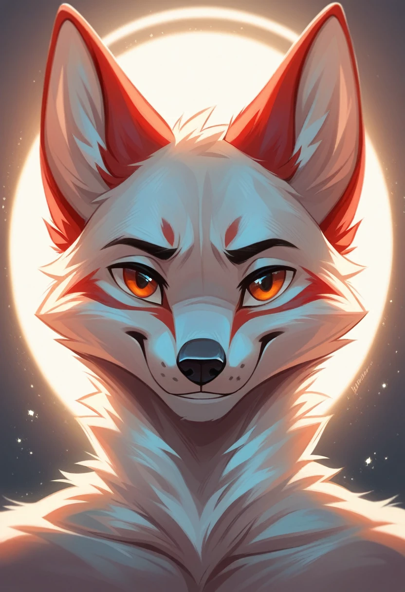 solo male, white fox, furry, smiling, red fur, Black fur stripe, netral, Traumatized face, dynamic lighting, illustration, beautiful, particles (high quality,4k,8k,highres,masterpiece:1.2), ultra-detailed, impressionistic:colorful,