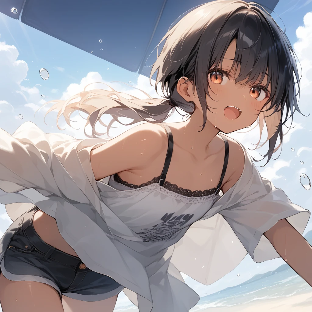 score_9, score_8_up, score_7_up, source_anime, best quality, masterpiece, official art, absurdres, highres, ultra-detailed,waifu2x,Collection: Slice of Life,break,1girl, tomboy, dark-skinned female, short hair, low ponytail, flat chest, beautiful detailed eyes, short shorts, sweat, open mouth, (yawn:0.3), sleepily, outdoors, wind,break,(clear line illustration:1.2), super detailed skin,very high resolution, very aesthetic, Best sexual lighting powered by famous artist, 8k,cute picture,beauty illustration,photoshop_(medium),,(Detailed Lighting),best anime 8k konachan wallpaper, pixiv contest winner, 