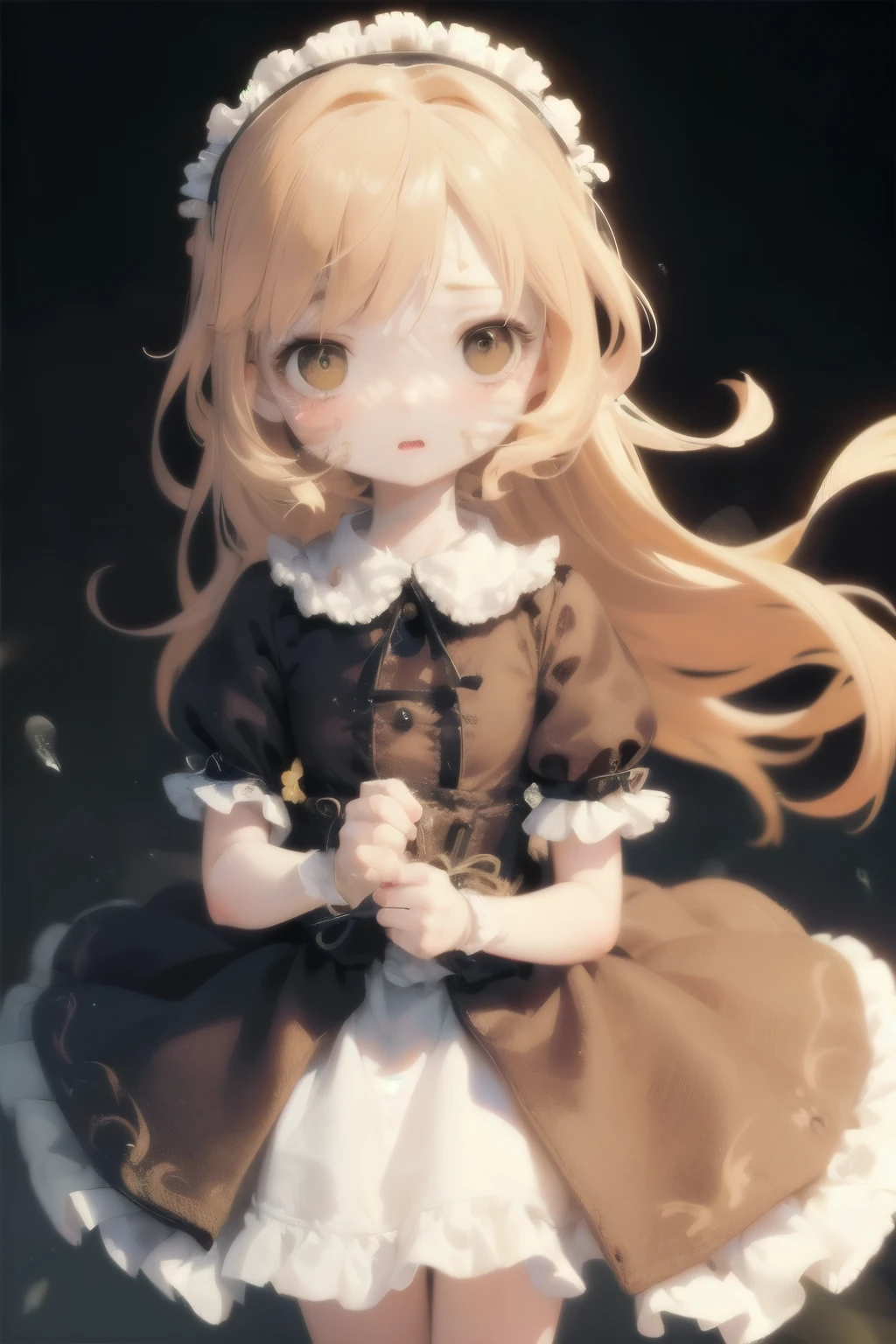 Chibi Girl Doll、Spinning gracefully、Dresses fluttering in the wind、Detailed facial features、Aggressive composition、Elegant hairstyle、Delicate feminine figure、Photorealistic、high quality、Ultra-realistic、Very detailed、Cinematic lighting、Warm color palette、Dramatic lighting、Complex fabric texture、Fluid movement、masterpiece