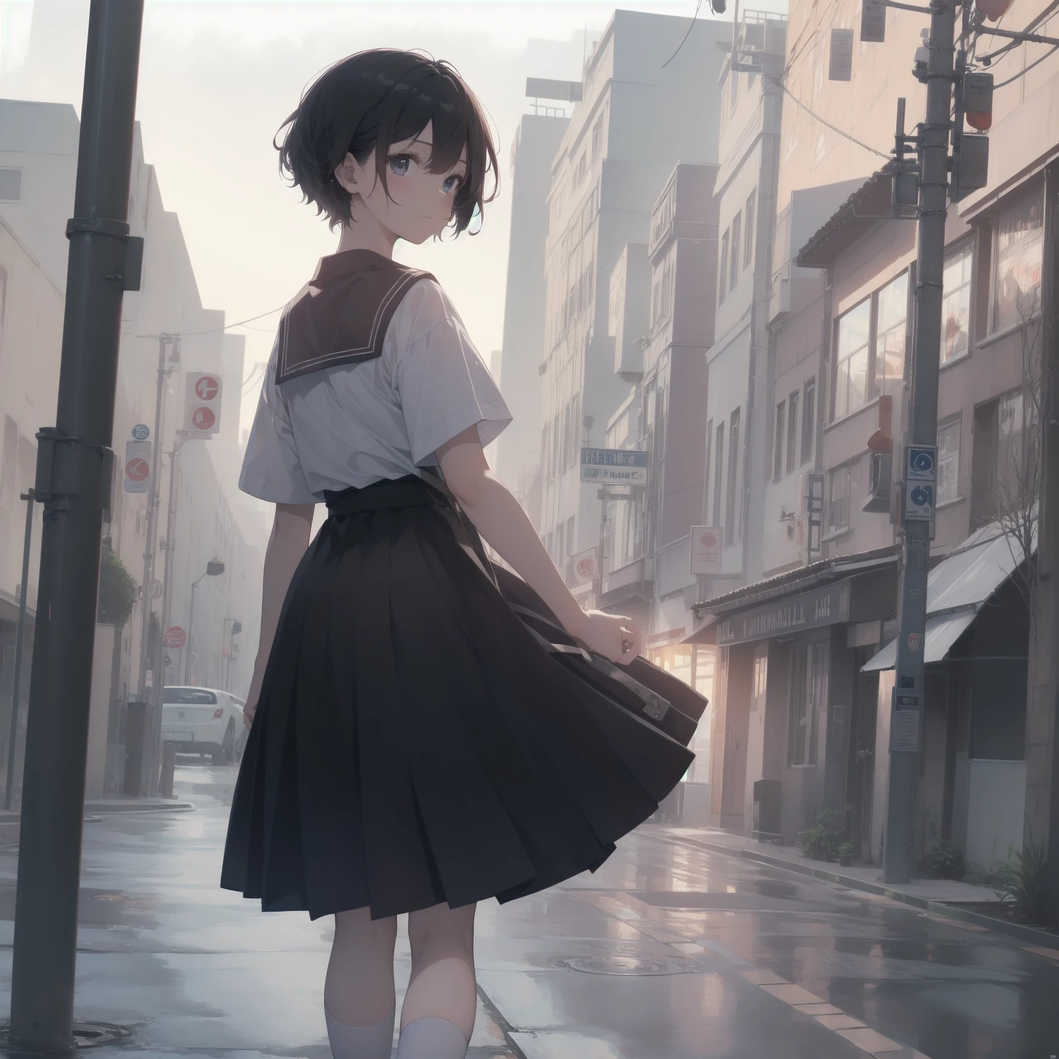 ultra-absurdres-Top quality by artist God, ultra-detailed, high resolution, anime moe artstyle, best anime 8k konachan wallpaper, pixiv contest winner, pool:2810, perfect anatomy,break, 1girl, (Please draw a girl walking sleepily to school alone. )break,(Solo,little female, 13-year-old:1.3),Full limbs, complete fingers,a junior high school student, (very short hair), short cut, flat chest, , small butt, small black eyes, beautiful detailed eyes, well-proportioned iris and pupils, expressive eyes, highres detailed hair, soft expression, salor school_uniform, sailor collar, serahuku, bow, pleated skirt,(Detailed Lighting), (Detailed background), in the School commute route. break,super detailed skin, Best cinematic lighting powered by famous artist, 8k,beauty illustration,photoshop_(medium),very aesthetic,break,((artist:yamamoto_souichirou )), artist:clamp ,artist:carnelian ,artist:kantoku ,

