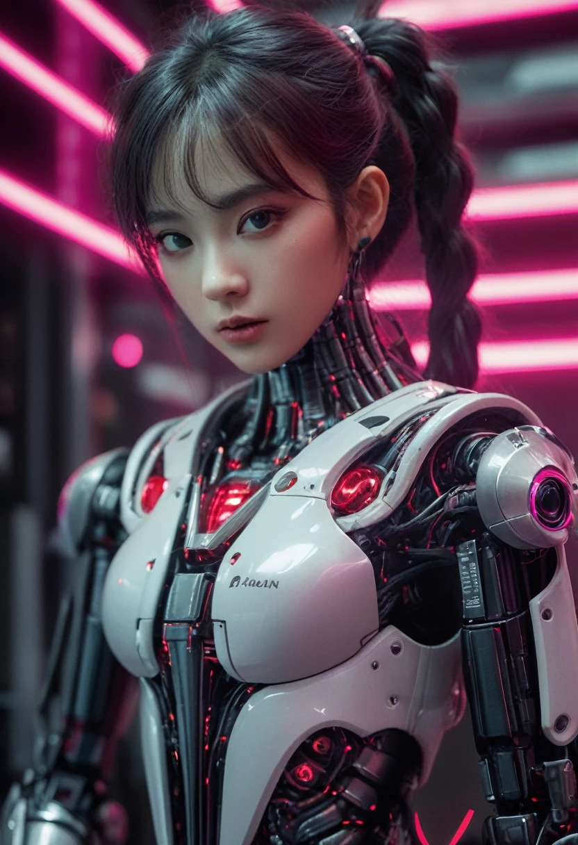 xxmixgirl. Highly detailed professional 35mm film, bokeh, face in sharp focus. A robotic female, Miku, with ((metal skin)), ((perfect Asian eyes)) with magenta irises and ((black pupils)), beautiful serious (detailed face), 18 year old ((photorealistic face)), very long magenta twin tails of magenta hair, twin black hair ties with a single red stripe. She may have a black audio headpiece. We can see her ((full body)) down to her boot soles. Her outfit is a sleeveless collared light grey shirt, outlined in red around the frilled collar and hems. Shiny reflective ((metallic breast cups, dimpleless)), invisible nipples. She wears black sleeves with red hems that start around her upper arm and bellow out as the sleeves open and extend to her wrists, with wide trumpet red rimmed cuffs. She has perfect robotic (detailed hands). She wears a red colored tie with two horizontal solid parallel black lines halfway across. She wears a fabric black skirt with a horizontal red hem at the bottom all the way around; her (((black skirt wraps around her))) and ((her skirt completely covers)) her robotic waist and thighs. Tall black boots with red bottom soles, a red rim around the top at her thighs. Her mechanical shoulder joints are visible. We can see her robotic legs and robotic neck. Half of her is covered with shiny polished machinery. The background is a distant dark neon futuristic Japanese city, gold, cyan, violet neon, near harbor or mountains.