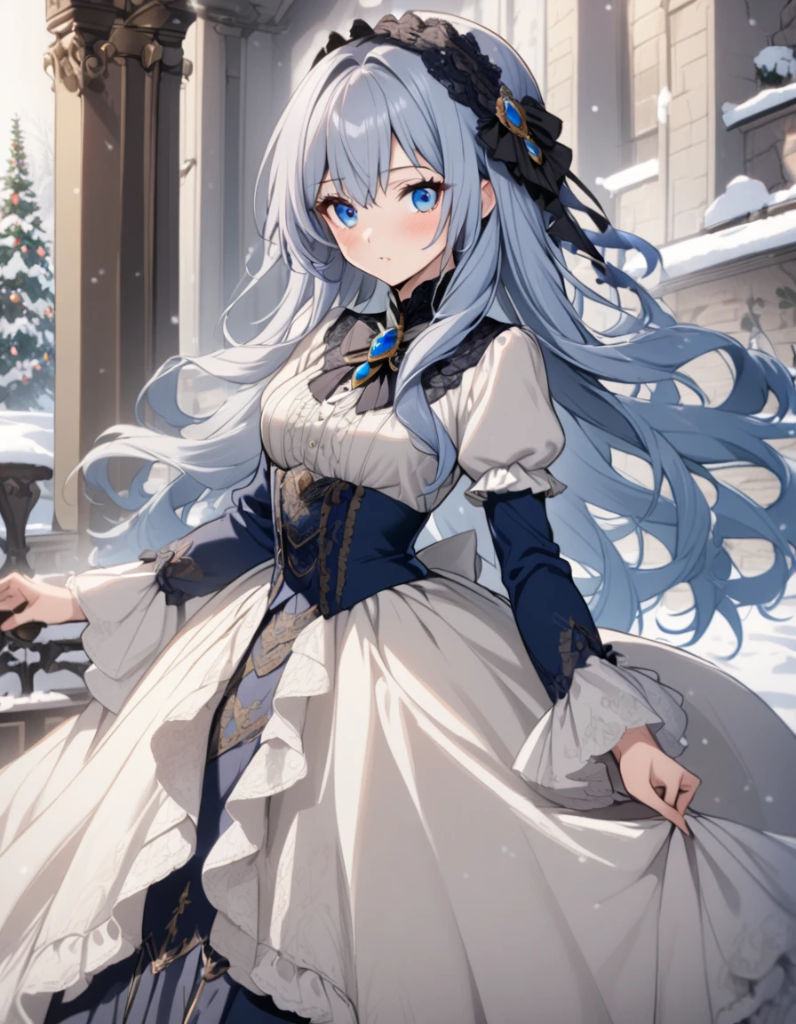 1lady,(blue gray hair),long hair,blue eyes,medium breasts,lapis lazuli brooch,snow white victorian dress,