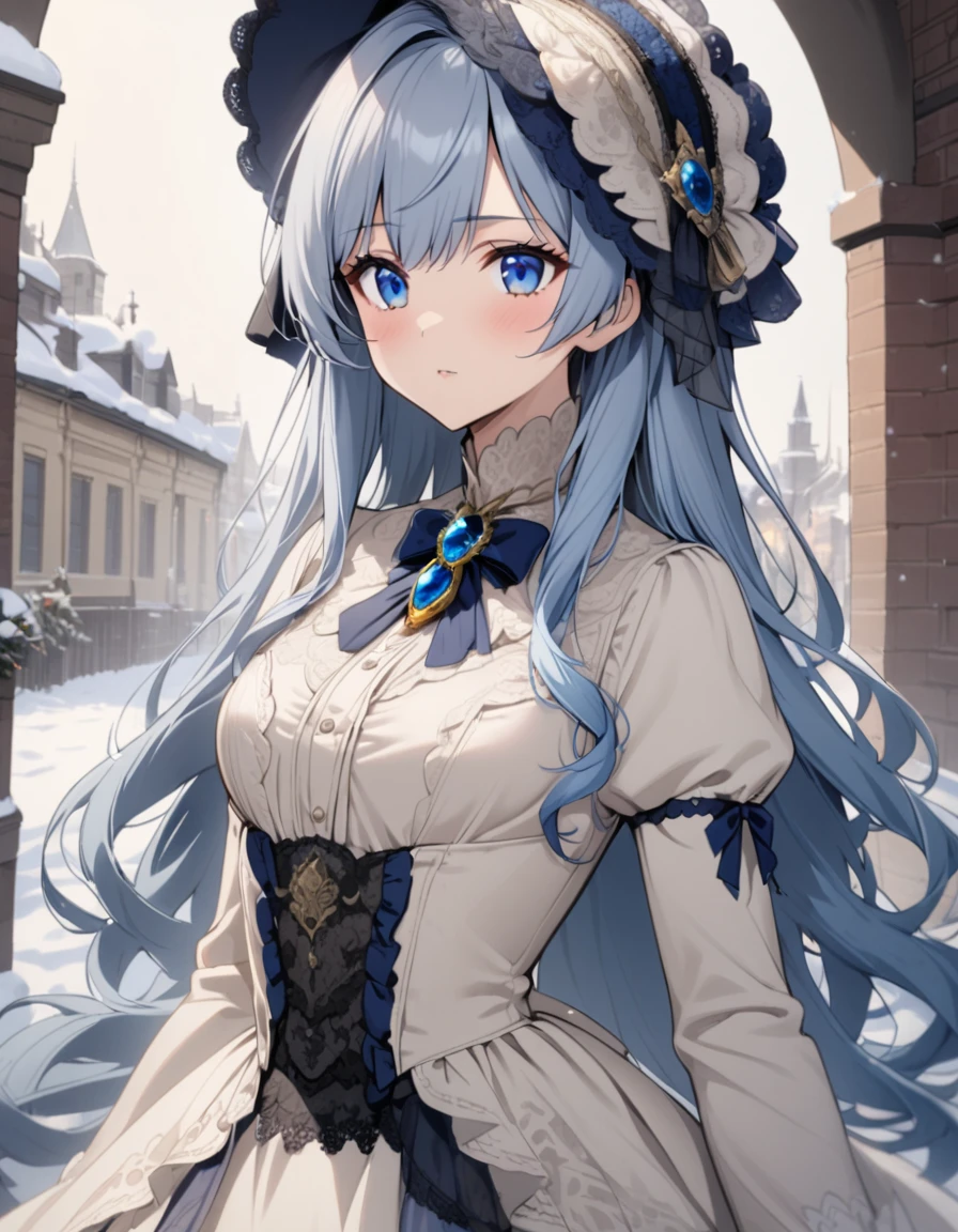 1lady,(blue gray hair),long hair,blue eyes,medium breasts,lapis lazuli brooch,snow white victorian dress,