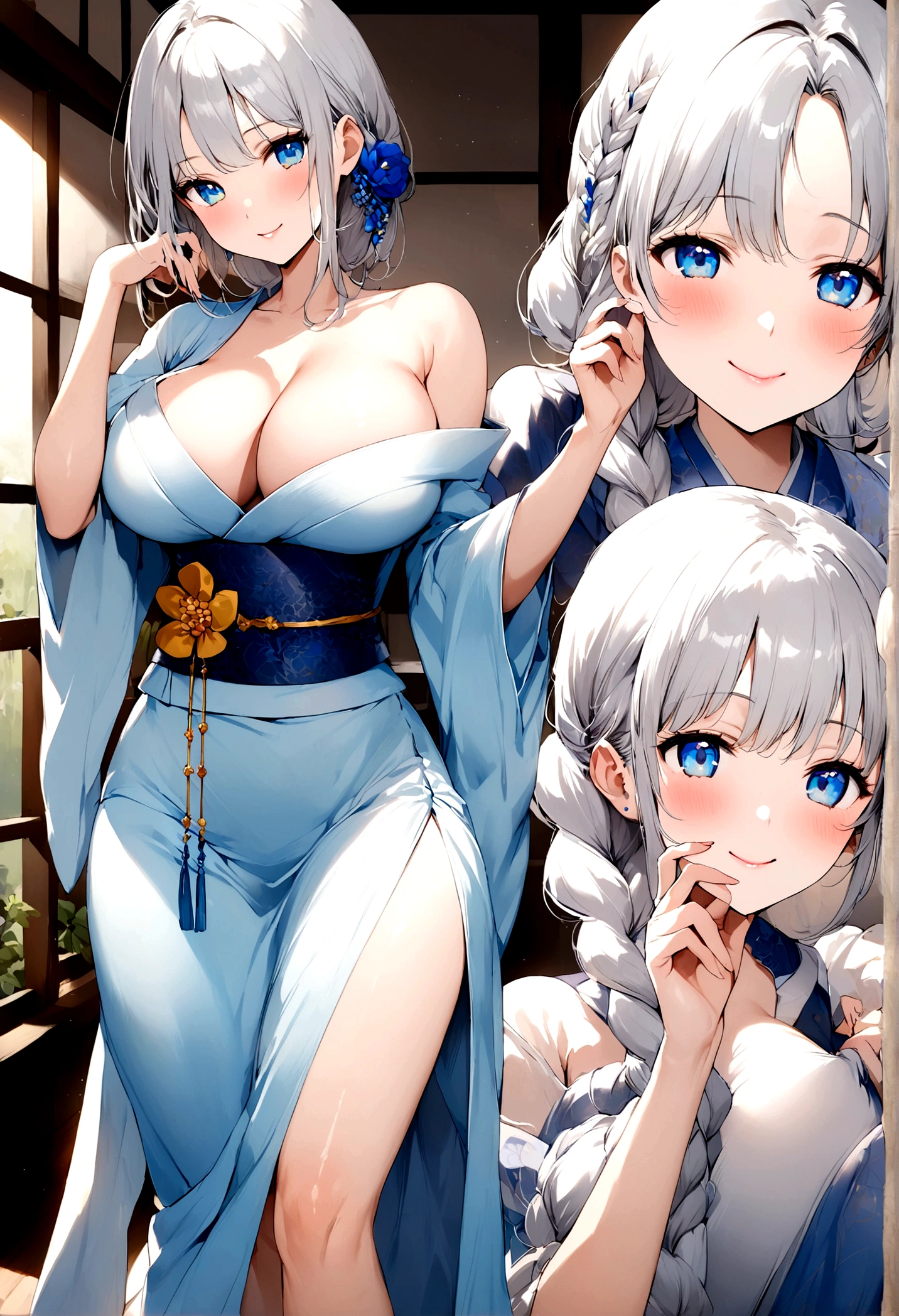 Beautiful and shiny silver hair、Braided Hair、Magical atmosphere、Detailed skin、Beautiful Eyes、Elegant face、Big Breasts、Beautiful feet、素敵なProfessionalポーション、Beautiful and clear eyes、Super beautiful、blue eyes、Professional、Very beautiful illustration、smile、One girl、kimono、Delicate fabrics、Kissing Face、Delicate expression