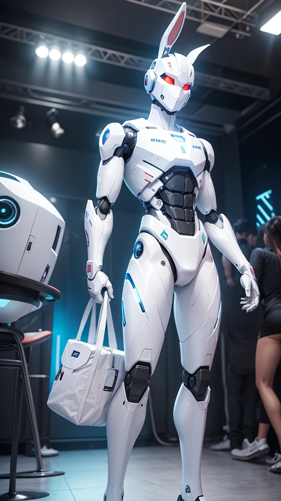 robot rabbit, White color, whole body, in a club, male gender,