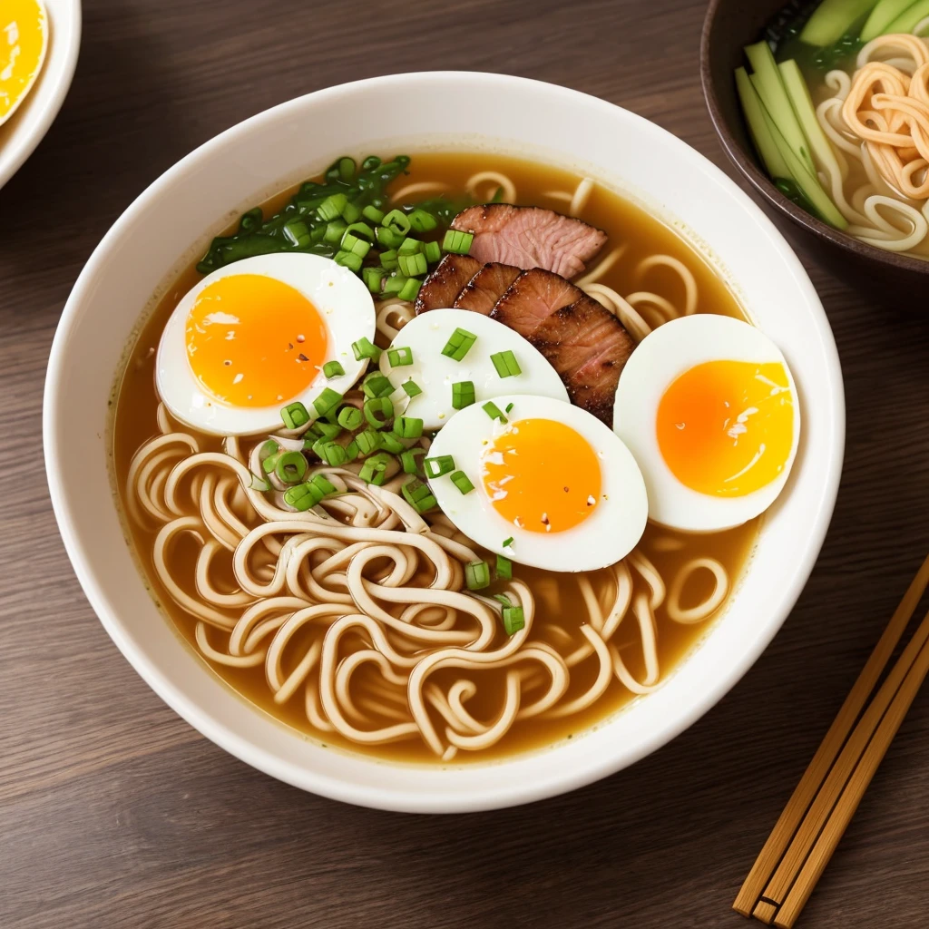 A beautifully detailed illustration of a steaming bowl of ramen. The ramen is served in a traditional Japanese porcelain bowl with intricate red patterns around the rim. The broth is rich and clear, showcasing the delicious ingredients inside. The ramen features perfectly cooked noodles, three slices of tender char siu pork with a slight char, and two halves of a perfectly soft-boiled egg with vibrant orange yolks. Additionally, the bowl includes bamboo shoots, a couple of narutomaki slices, chopped green onions, and a sheet of nori with a small, carved-out paw print.The steam rising from the bowl gives a warm and inviting atmosphere, suggesting that the ramen is fresh and hot. The background should be minimalistic to keep the focus on the ramen, perhaps with a subtle bokeh effect to create depth. The lighting is soft and natural, coming from above and slightly to the side, casting gentle shadows and enhancing the textures of the ingredients.