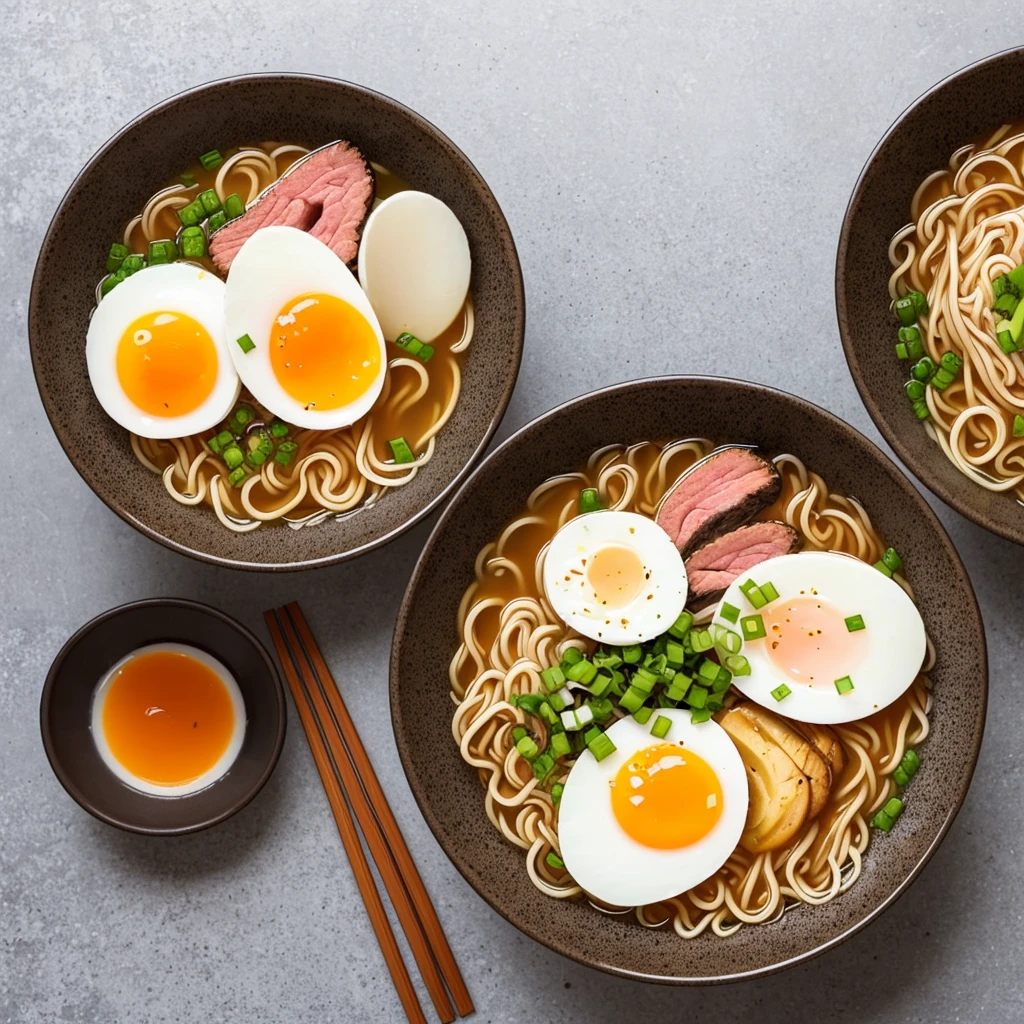 A beautifully detailed illustration of a steaming bowl of ramen. The ramen is served in a traditional Japanese porcelain bowl with intricate red patterns around the rim. The broth is rich and clear, showcasing the delicious ingredients inside. The ramen features perfectly cooked noodles, three slices of tender char siu pork with a slight char, and two halves of a perfectly soft-boiled egg with vibrant orange yolks. Additionally, the bowl includes bamboo shoots, a couple of narutomaki slices, chopped green onions, and a sheet of nori with a small, carved-out paw print.The steam rising from the bowl gives a warm and inviting atmosphere, suggesting that the ramen is fresh and hot. The background should be minimalistic to keep the focus on the ramen, perhaps with a subtle bokeh effect to create depth. The lighting is soft and natural, coming from above and slightly to the side, casting gentle shadows and enhancing the textures of the ingredients.