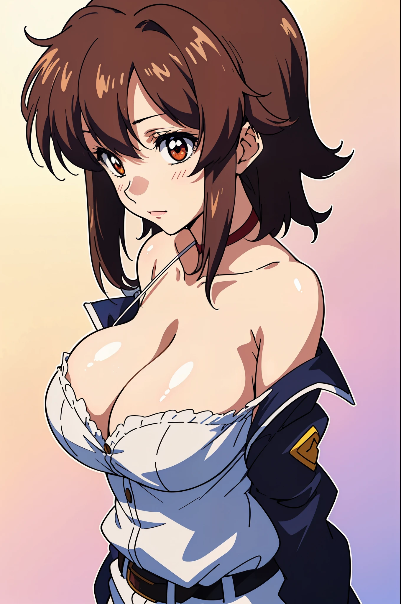 (masutepiece, Best Quality, High resolution:1.5, anime colours, megami magazine:1.2, anime poster style, anime keyvisual, sharp, 8k, photorealistic), (beautiful detailed eyes:1.5, beautiful detailed face:1.2), Murrue Ramius, 1woman, red eyes, blush, milf, wife, sexy, (brown hair, medium hair, bangs), (sagging huge breasts), (camisole:1.2, no bra), cowboy shot, (Perfect detailed Anatomy, beautiful detailed hair, beautiful detailed body:1.2, shiny skin), (thick outline, Beautiful outlines, black outlines), simple background:1.5