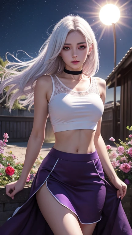 realistic, 1girl, white hair, purple eyes, glowing eyes, crop top, skirt, parted lips, blush, night, flowers, sun, sunlight,
