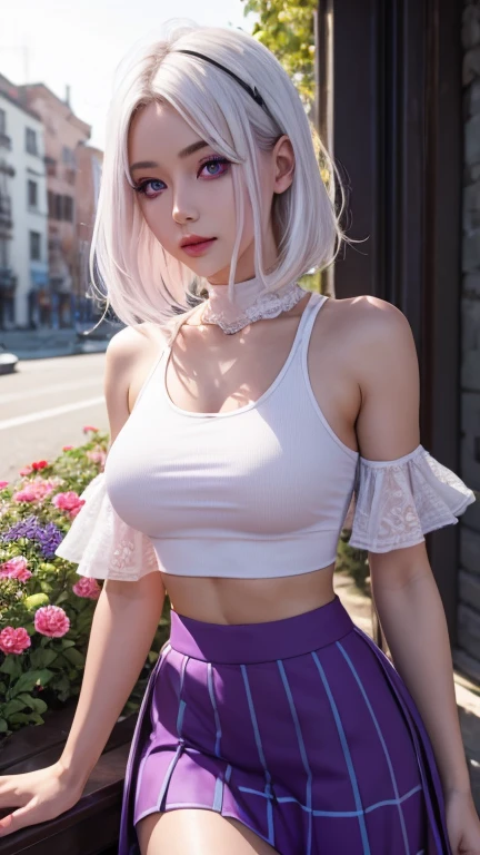 realistic, 1girl, white hair, purple eyes, glowing eyes, crop top, skirt, parted lips, blush, night, flowers, sun, sunlight,