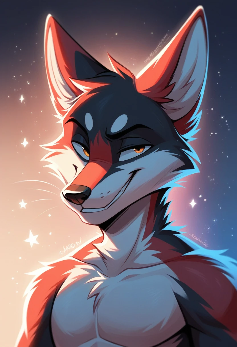 solo male, white fox, furry, smug look, happy, red fur, Black fur stripe, netral, Traumatized face, dynamic lighting, illustration, beautiful, particles (high quality,4k,8k,highres,masterpiece:1.2), ultra-detailed, impressionistic:colorful,