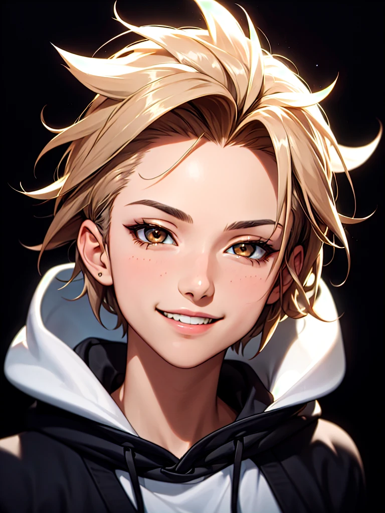 ((Portrait Photo)), He has a Youthful and Vibrant Appearance, with a Slim, Athletic Build and Lightly Tanned Skin. He Expresses a Confident and Self-Assured Look, Giving Off a Cheerful Glint and a Charismatic Smile. He has Expressive, Light Brown Eyes, and His Hair is Short, Black, and Tousled, with Spiky Strands Falling Over His Forehead. He Wears a Light Black Hooded Sweatshirt, Accompanied by a Black Trucker Cap. ((Portrait Photo, HDR, Dark Background))