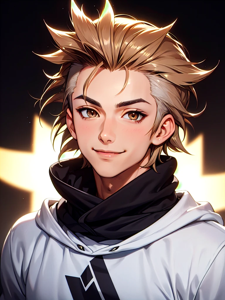 ((Portrait Photo)), He has a Youthful and Vibrant Appearance, with a Slim, Athletic Build and Lightly Tanned Skin. He Expresses a Confident and Self-Assured Look, Giving Off a Cheerful Glint and a Charismatic Smile. He has Expressive, Light Brown Eyes, and His Hair is Short, Black, and Tousled, with Spiky Strands Falling Over His Forehead. He Wears a Light Black Hooded Sweatshirt, Accompanied by a Black Trucker Cap. ((Portrait Photo, HDR, Dark Background))
