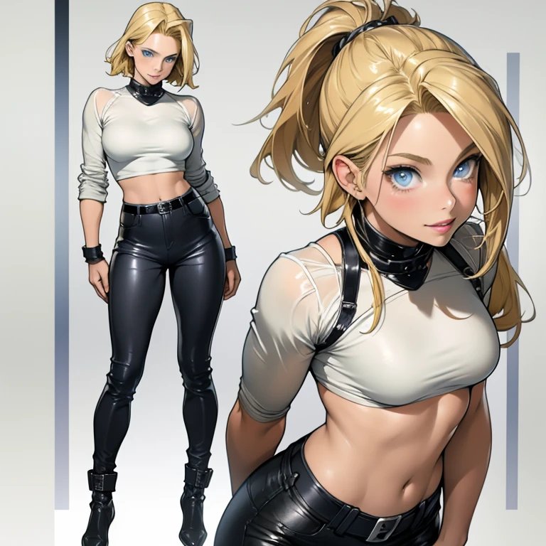 Anime style image of a beautiful woman with blonde hair, straight and short.blue eyes, fair skin, delicate appearance, smiling, reddened lips, small breasts, big ass, thin waist and wearing a gray cropped and a black leather pants. Full body