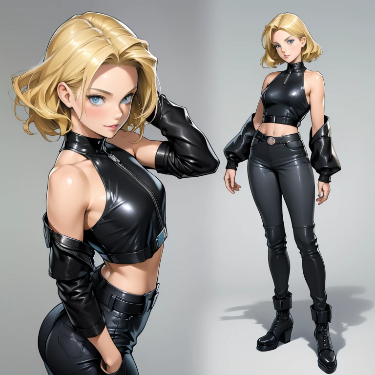 Anime style image of a beautiful woman with blonde hair, straight and short.blue eyes, fair skin, delicate appearance, smiling, reddened lips, small breasts, big ass, thin waist and wearing a gray cropped and a black leather pants. Full body