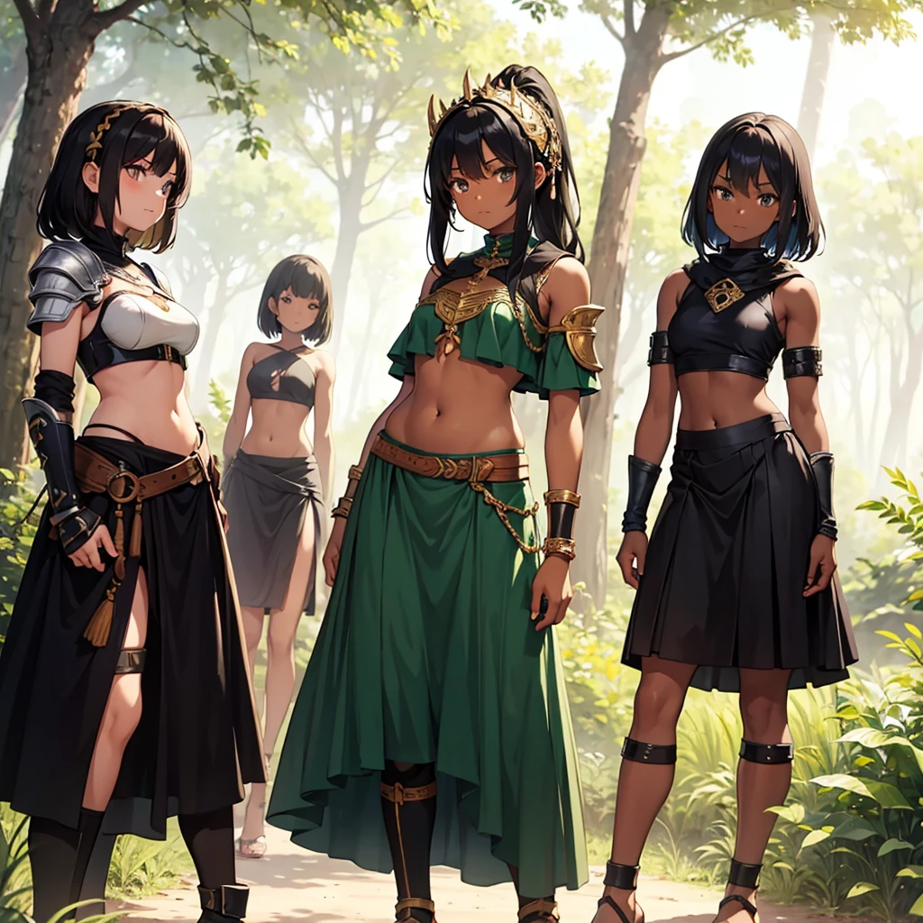 African warrior girl, black skin , dark skin , only girls , forest in the background ,five girls,long skirt, sandals , multiple girls ,exposed belly, toned body, slim body, curves , black hair, light armor , knee pads, elbow pads,
