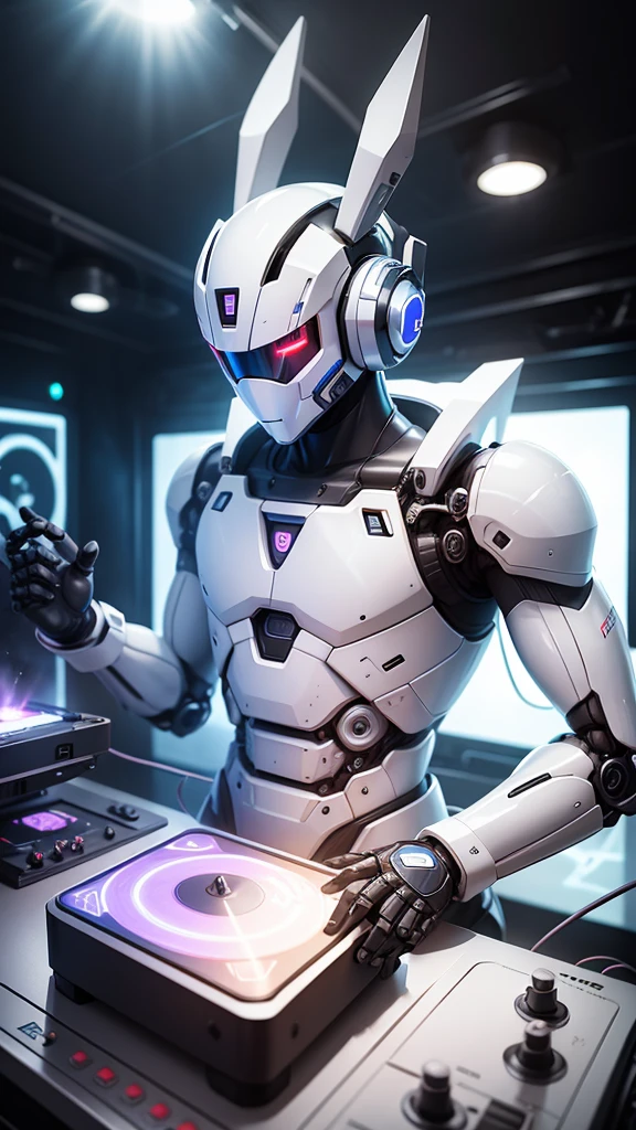 robot rabbit, White color, whole body, in a club, male gender, playing music on a turntable,