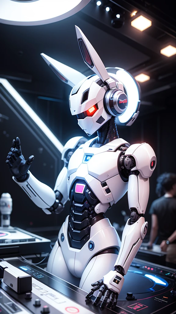 robot rabbit, White color, whole body, in a club, male gender, playing music on a turntable,