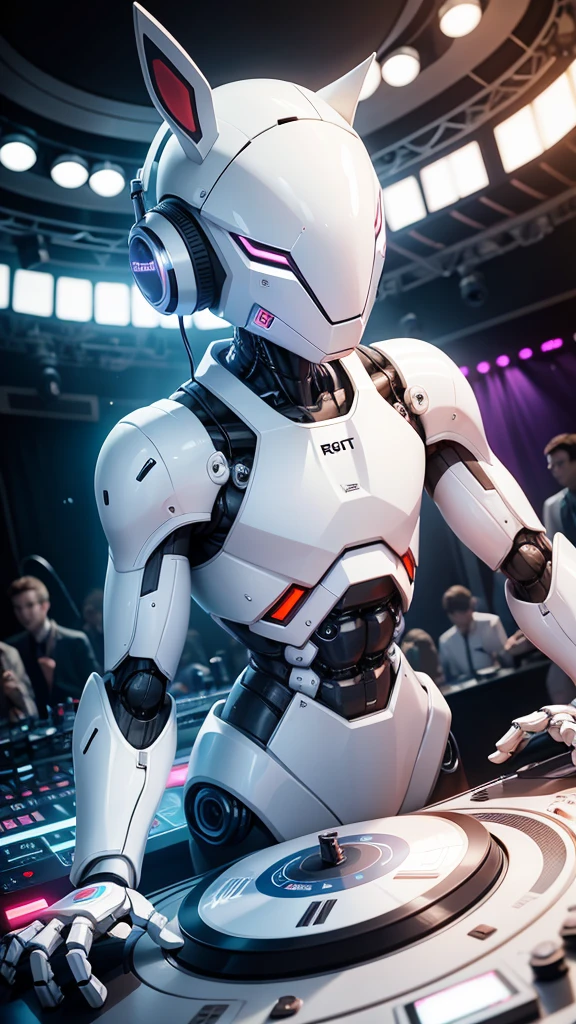 robot rabbit, White color, whole body, in a club, male gender, playing music on a turntable,