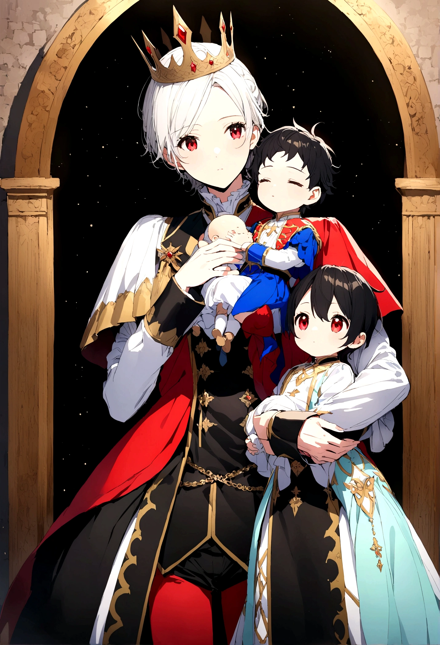 anime a tall demon with king's clothes and white hair holding a sleeping with black hair and a princess dress holding a teddy bear, a litt with black hair red eyes wearing prince clothes