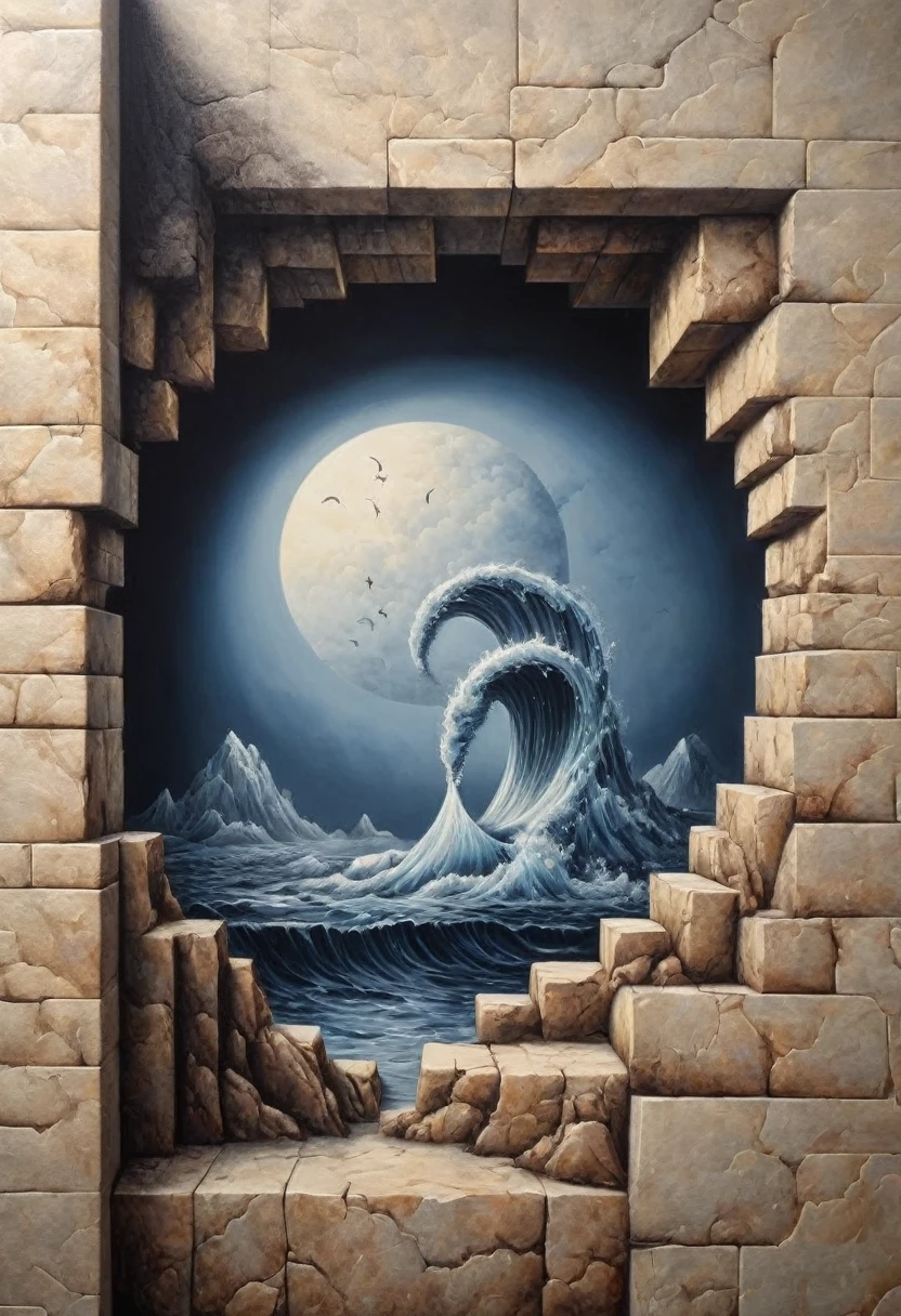 Optical Illusion art, Optical Illusion effect, trompe l'oeil, 3d painting on the wall, hand draw, reality, fantasy art, enhance, intricate, (best quality, masterpiece, Representative work, official art, Professional, 8k)