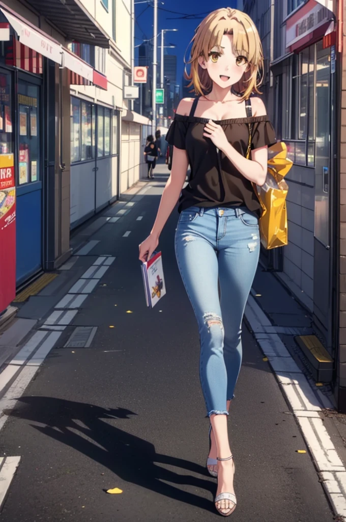 Irohaisshiki, isshiki iroha, Short Hair, Brown Hair, (Brown eyes:1.5), blush,ponytail,
happy smile, smile, Open your mouth,Cold Shoulder Shirt,Short sleeve skinny jeans,Stiletto heels,Daytime,Clear skies,Walking,So that the whole body goes into the illustration,
break outdoors, Building district,
break looking at viewer,
break (masterpiece:1.2), Highest quality, High resolution, unity 8k wallpaper, (figure:0.8), (Beautiful attention to detail:1.6), Highly detailed face, Perfect lighting, Highly detailed CG, (Perfect hands, Perfect Anatomy),