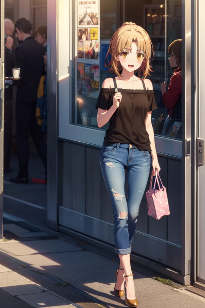 Irohaisshiki, isshiki iroha, Short Hair, Brown Hair, (Brown eyes:1.5), blush,ponytail,
happy smile, smile, Open your mouth,Cold Shoulder Shirt,Short sleeve skinny jeans,Stiletto heels,Daytime,Clear skies,Walking,So that the whole body goes into the illustration,
break outdoors, Building district,
break looking at viewer,
break (masterpiece:1.2), Highest quality, High resolution, unity 8k wallpaper, (figure:0.8), (Beautiful attention to detail:1.6), Highly detailed face, Perfect lighting, Highly detailed CG, (Perfect hands, Perfect Anatomy),