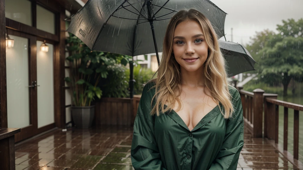 Lily Bowman), posing, modeling full body, with dark whiye casual outfit design, sexy smile, rainy day , best quality, blur background with Green Eyes, , Ultra Realistic, Meticulously Detailed, Portrait, Blonde Hair and Big Eyes, Selfie of a Young Woman, Green Eyes, No Makeup, Natural Makeup, Looking Directly at the Camera, face artgram, subtle make-up, Impressive photo, stand, with sexy smile, Medium and large size chest, allowing the face to be seen clearly, rainy day.