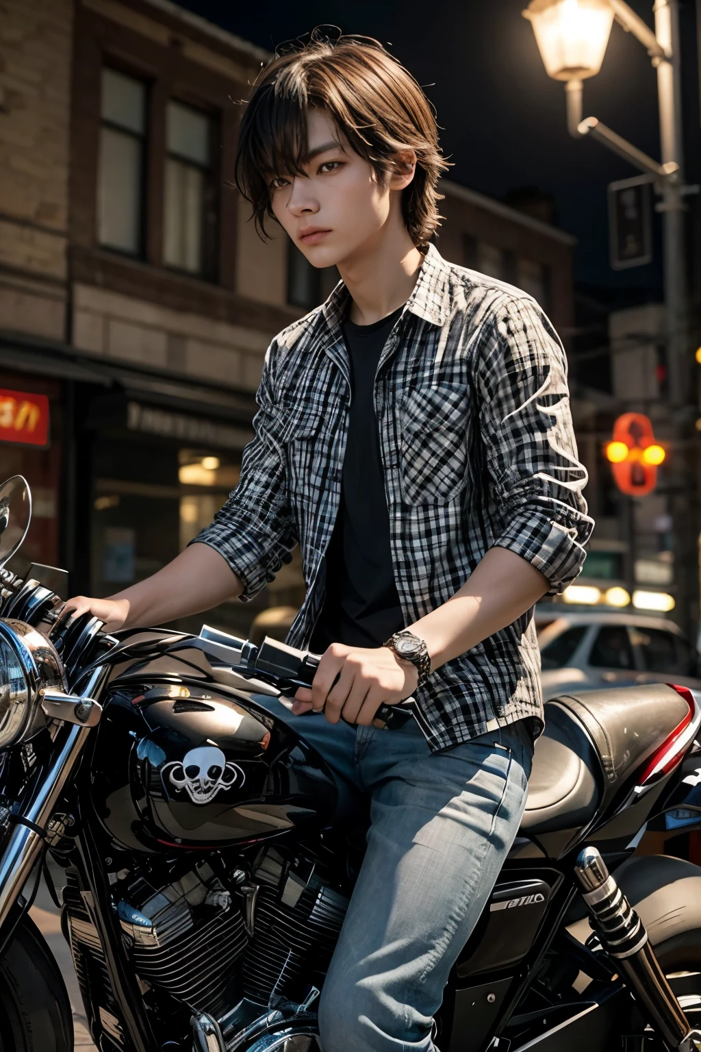 Skull on a motorcycle with a checkered shirt
