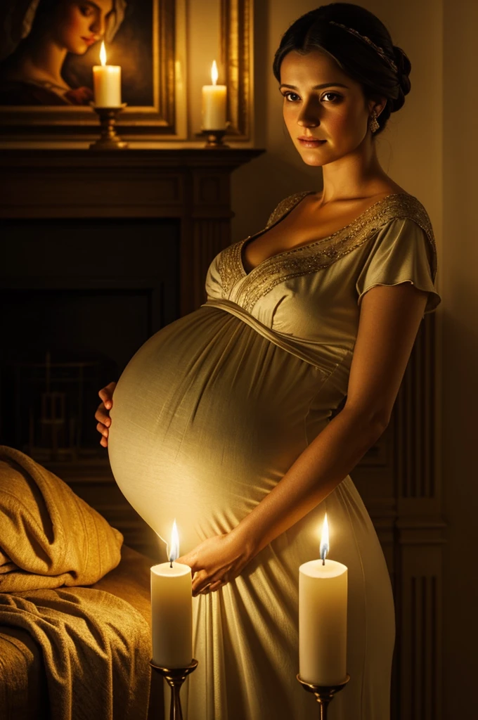 Pregnant woman touching her belly with an elegant dress and fine fabric illuminated by a candle with warm tones on her face. In the background you can see an artistic painting with great use of light and dark, very realistic Rembrant painting style 
