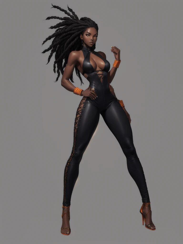 ((best quality)), ((4k)), ((highres)), ((masterpiece:1.2)). ((detailed)), ((ultra realistic)), ((intricate details)), ((full body picture)), ((solo character)), a full body picture of a beautifull Ebony skinned female, black woman, dark skin, ebony princess, ebony model, perfect face, detailed eyes, detailed lips, about 25 years old, about 5'7 ft. tall, long thin black dreadlocks down to her hips, ((emphasis on her long thin black dreadlocks down to her hips)), pretty, feminine woman, toned body but not too muscular looking, hourglass figure, dressed in a skin-tight sleeveless full body orange jumpsuit, ((emphasis on the skin-tight sleeveless full body orange jumpsuit)), gold adornments, showing cleavage, glamorous, strappy lace up high, fighting game character concept art, tekken character design, the king of fighters character concept, full bofy, full body concept art, full body art
