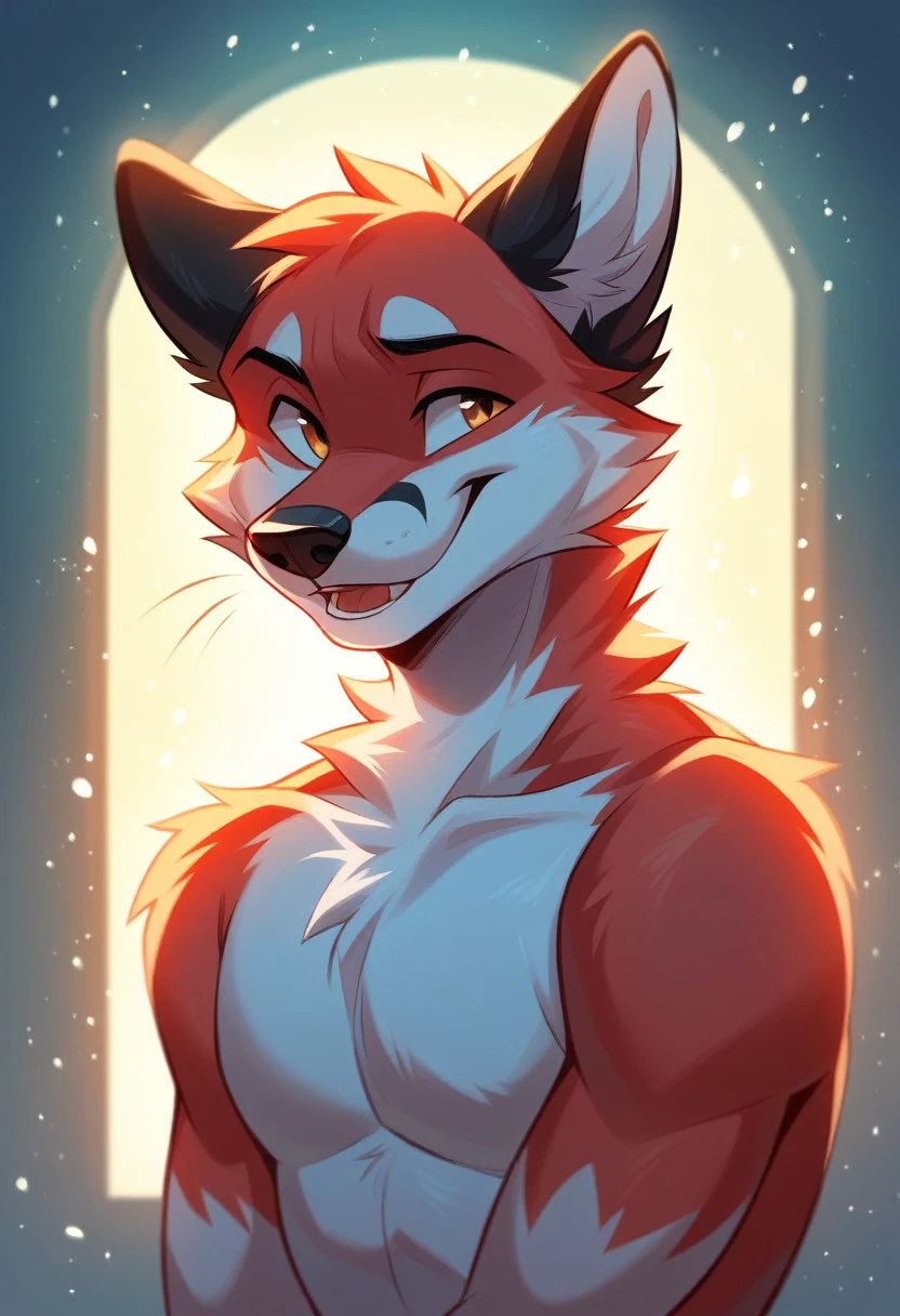 solo male, white fox, furry, happy, red fur, Black fur stripe, netral, Traumatized face, dynamic lighting, illustration, beautiful, particles (high quality,4k,8k,highres,masterpiece), ultra-detailed, impressionistic:colorful,