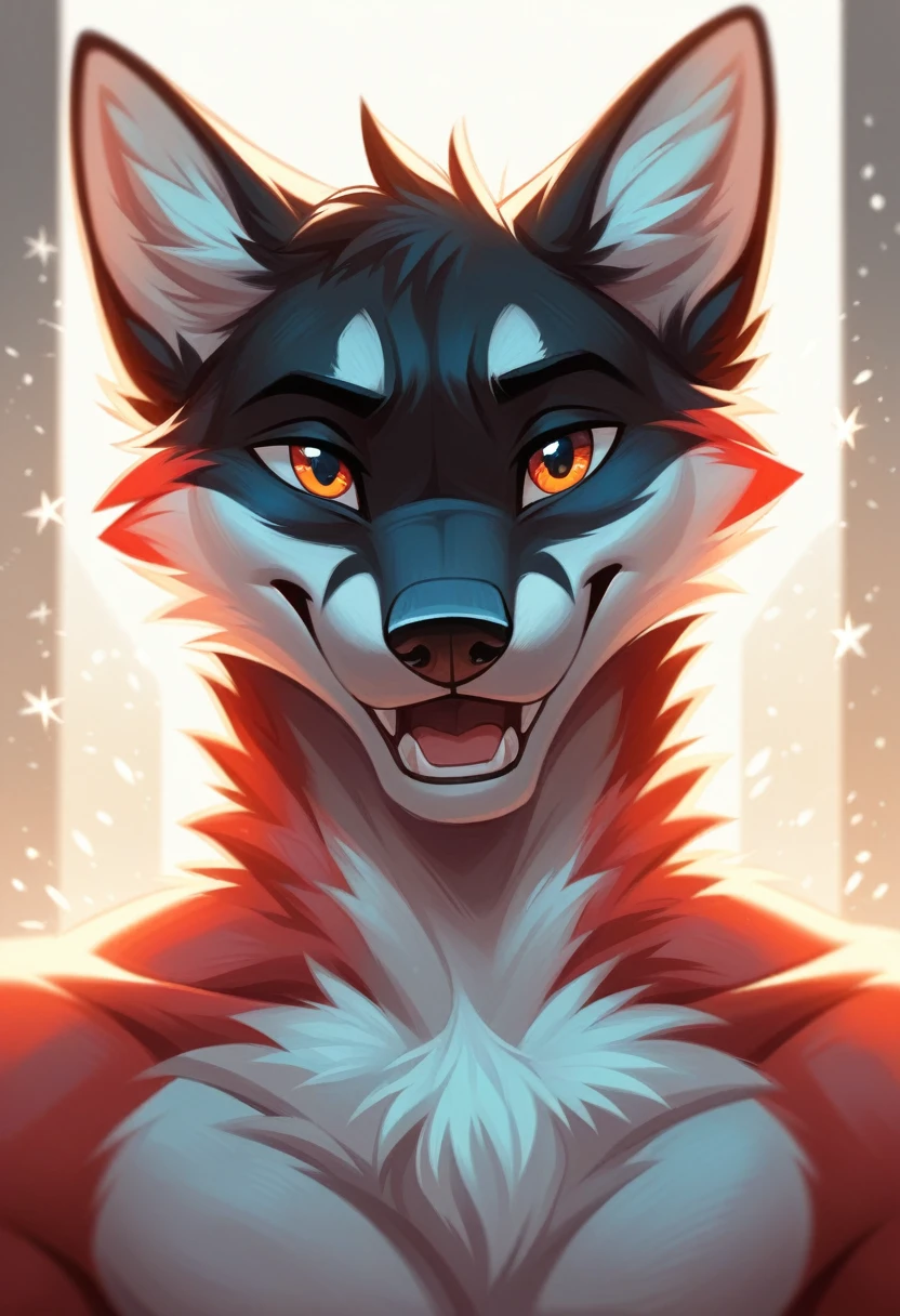 solo male, white fox, furry, happy, red fur, Black fur stripe, netral, Traumatized face, dynamic lighting, illustration, beautiful, particles (high quality,4k,8k,highres,masterpiece), ultra-detailed, impressionistic:colorful,